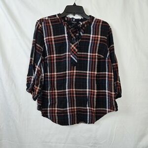 Torrid Women's Black Red Plaid Twill Tie Neck 3/4 Sleeve‎ Boho Peasant Top 00/M